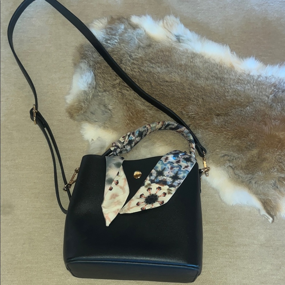 Black Handbag with Floral Scarf Accent